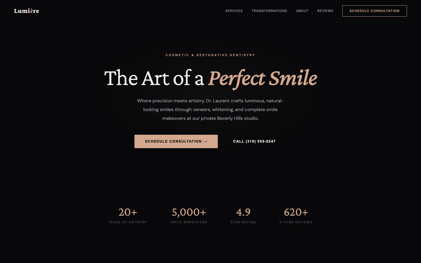 Lumière Cosmetic Dentistry — Luxury Dark Editorial