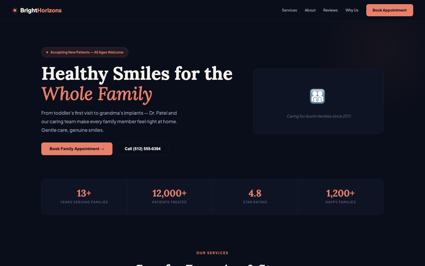 Bright Horizons Family Dental — Dark Navy + Coral