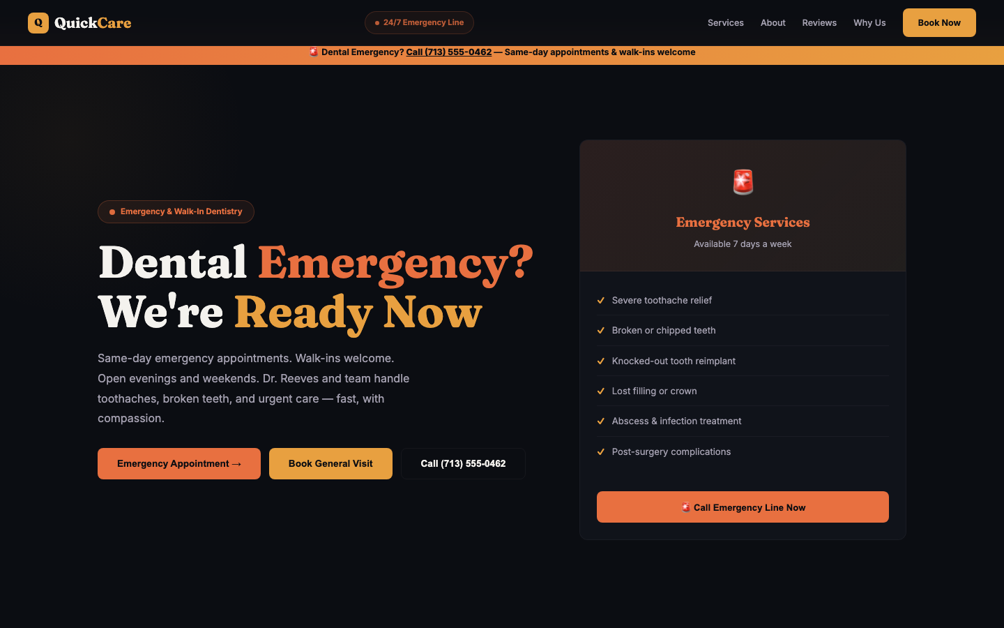QuickCare Dental — Emergency + General, Dark Slate + Amber