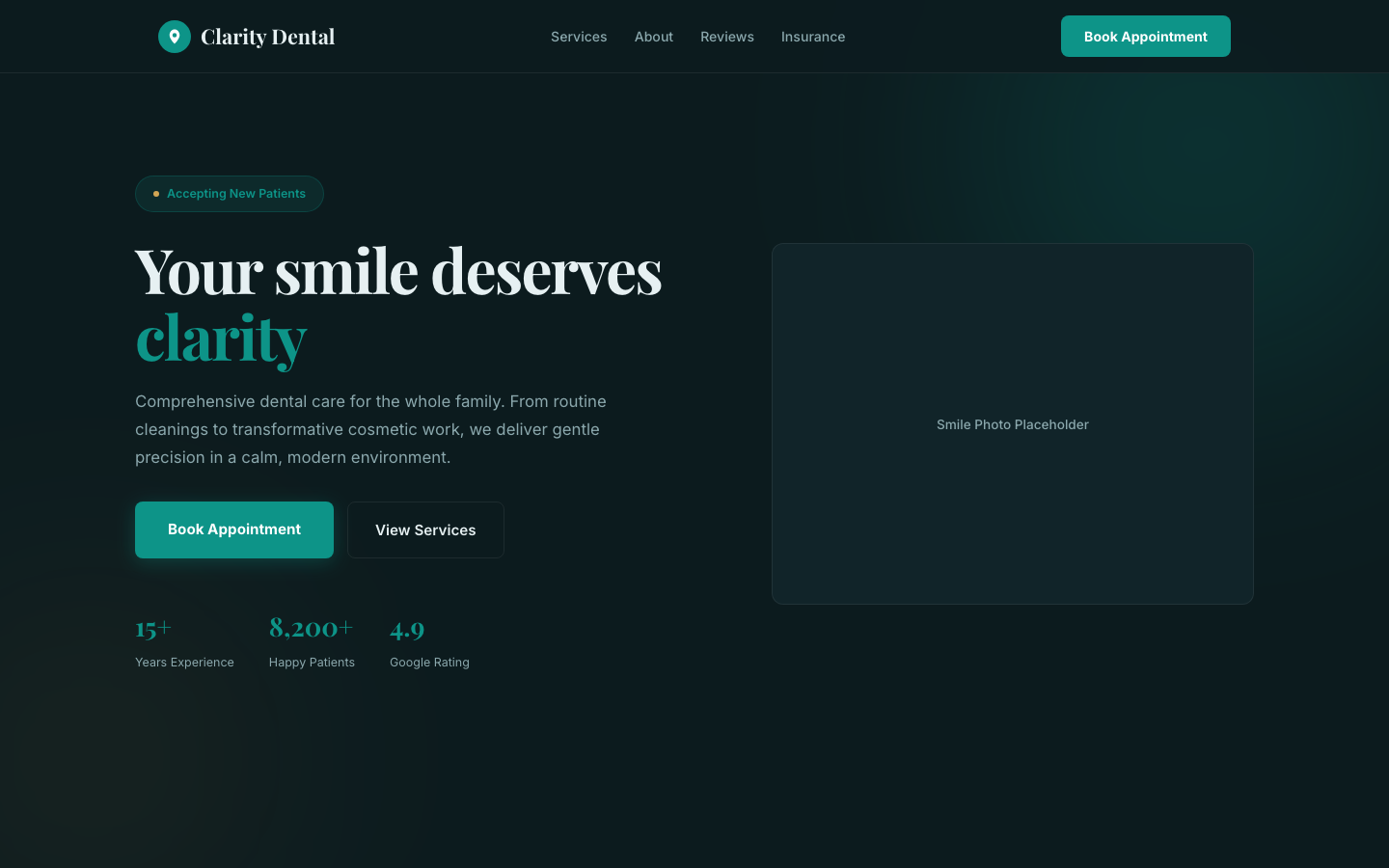 Clarity Dental — Dark Hero + Light Body