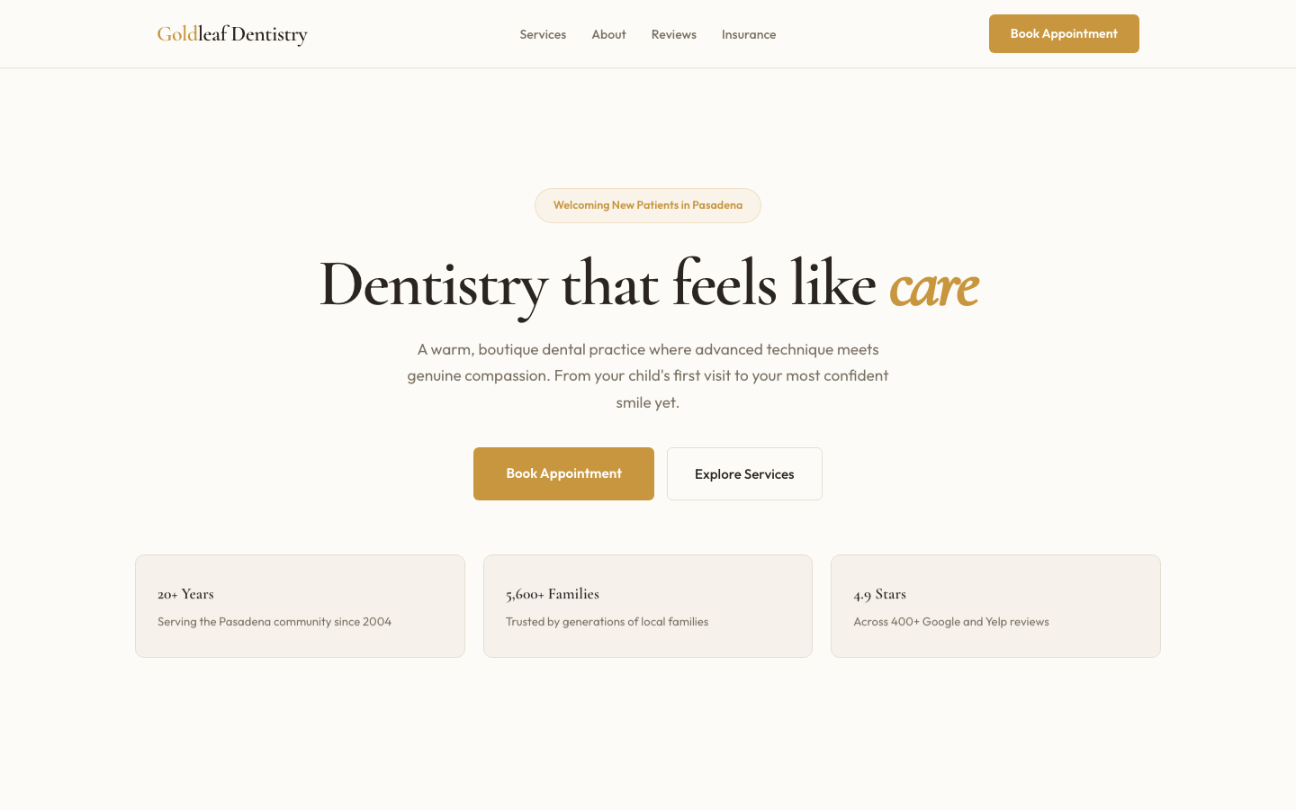Goldleaf Dentistry — Light Hero + Dark Middle