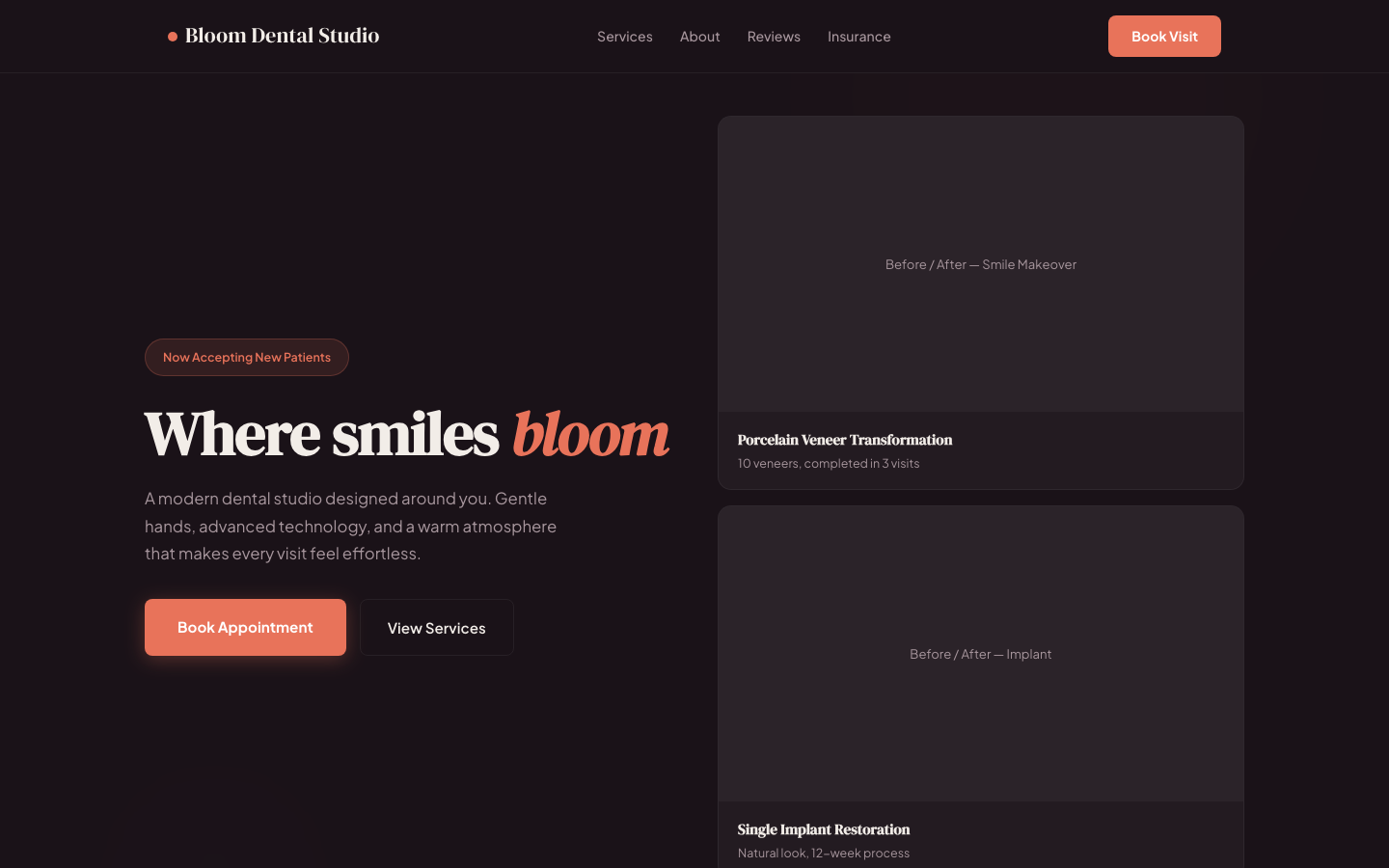 Bloom Dental Studio — Dark Top + Warm Cream Bottom