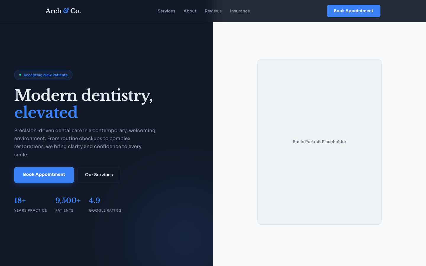 Arch & Co. Dental — Split-Panel Asymmetric