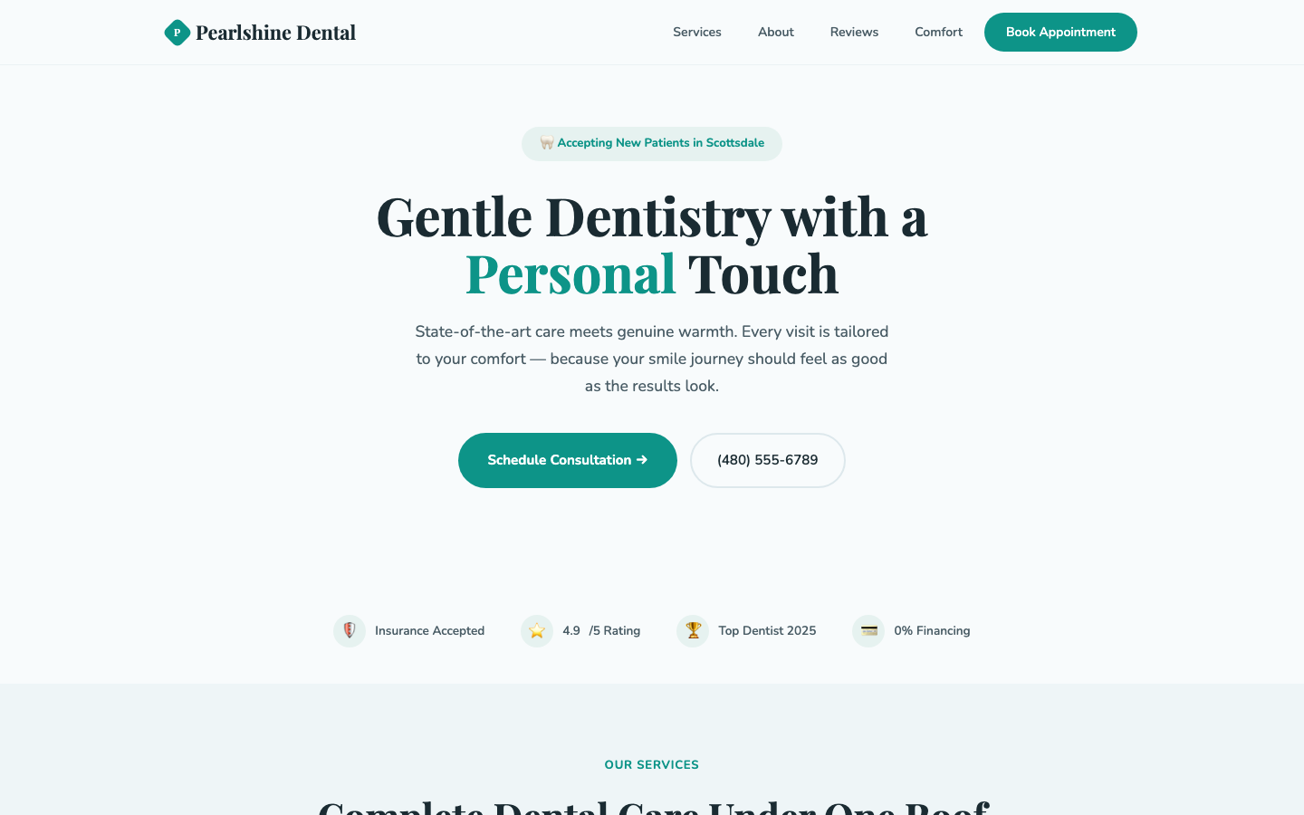 Pearlshine Dental — Soft Teal Clinical Light