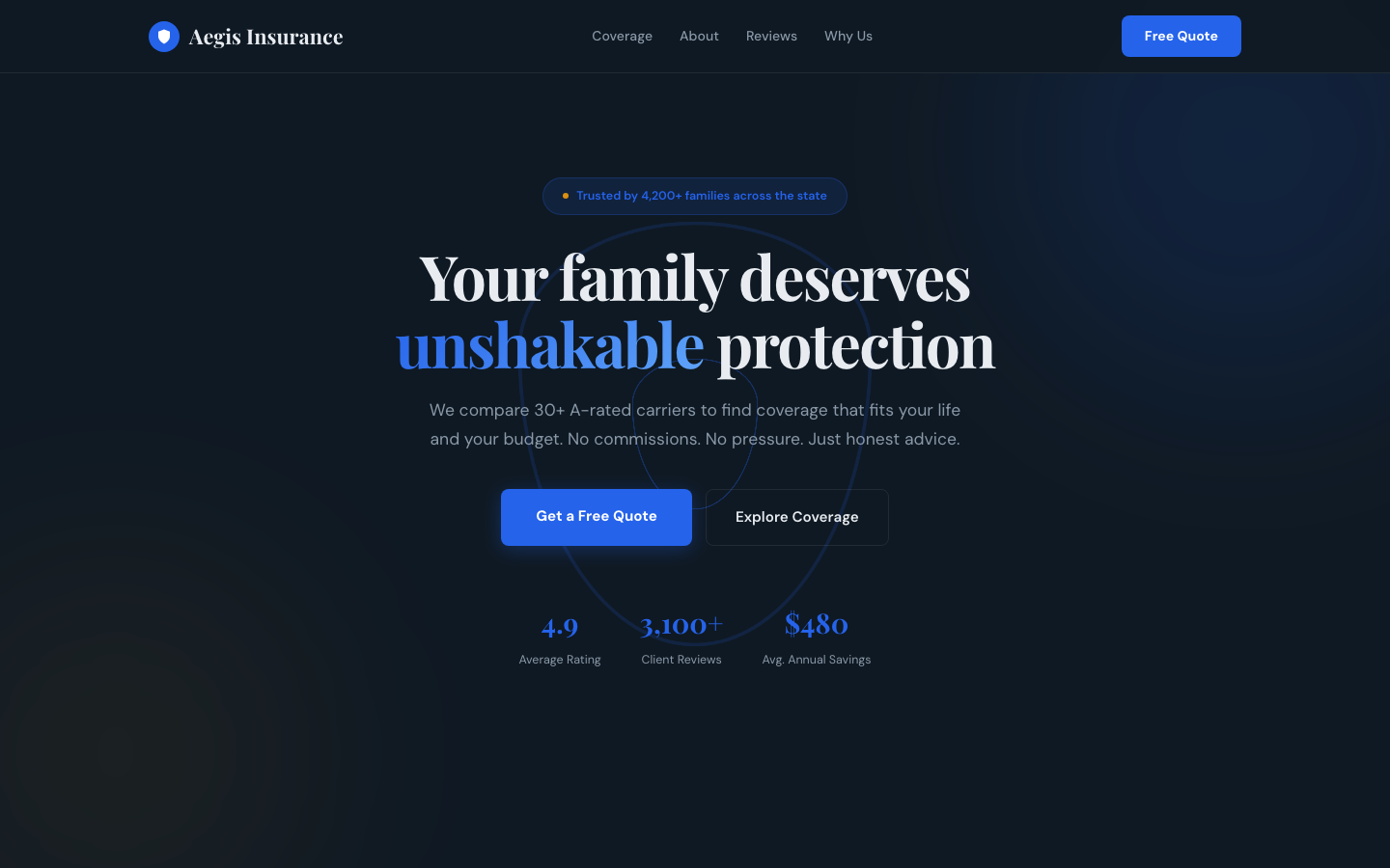 Aegis Insurance — Dark Hero + Light Body