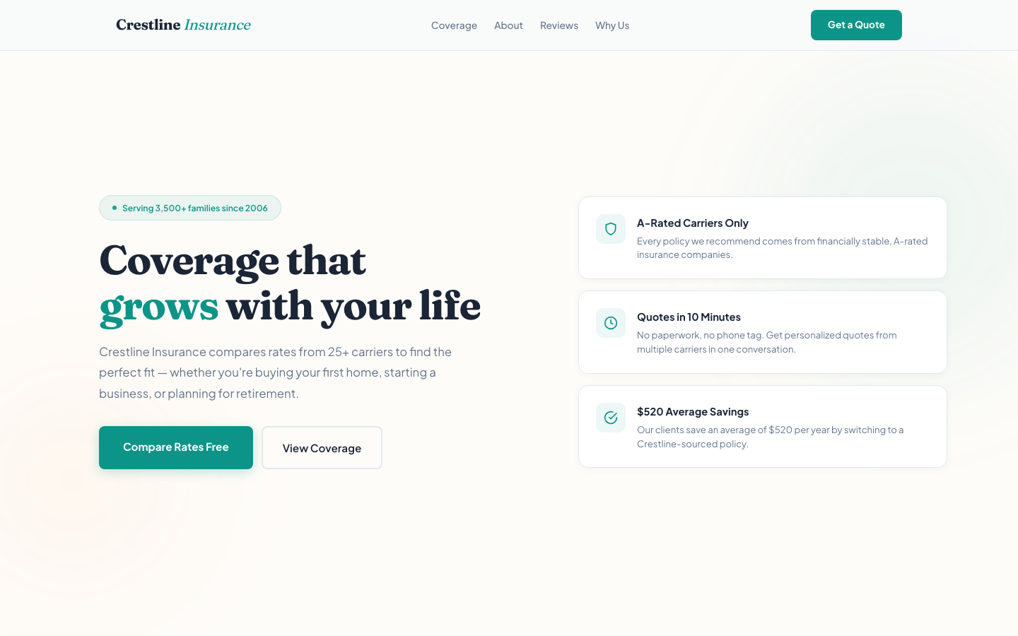 Crestline Insurance — Light Hero + Dark Body