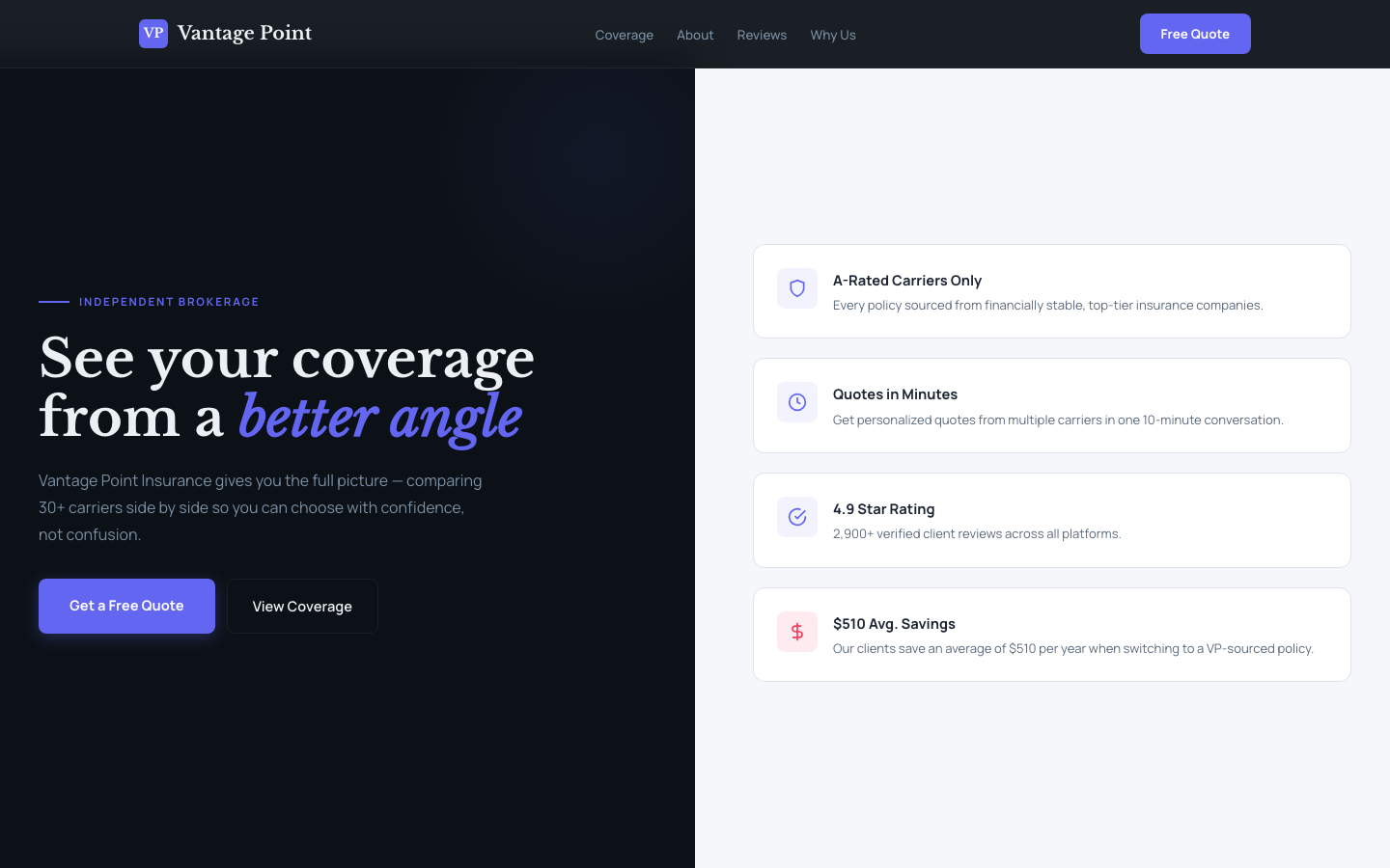 Vantage Point Insurance — Split-Screen Hybrid
